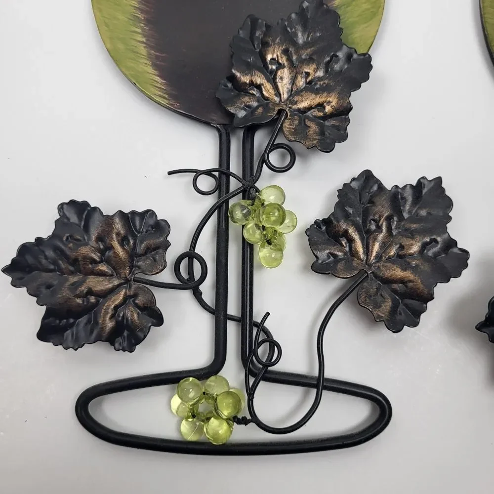 Metal Wine Glass Set, Hanging Wall Decor - Green, Black, Bronze, Leaves & Grapes